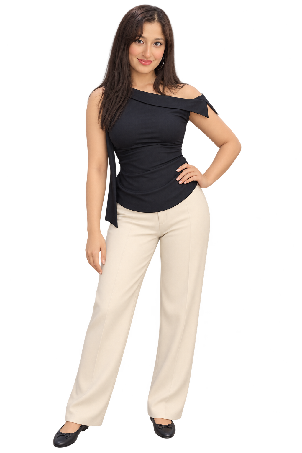 Illustrated Nilima in her black top and ivory trousers