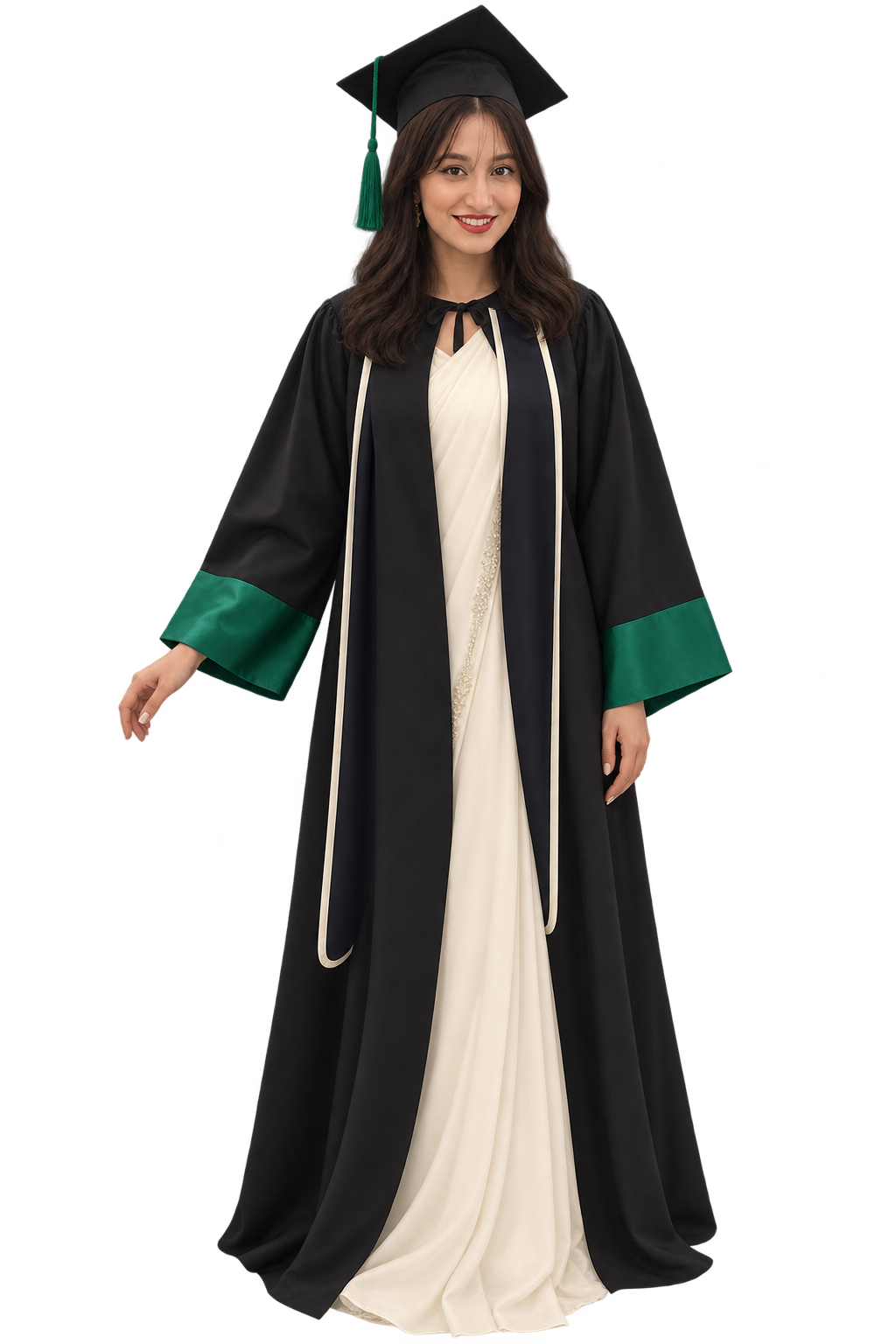 Illustrated Nilima in her black graduation gown with emerald cuffs and mortarboard