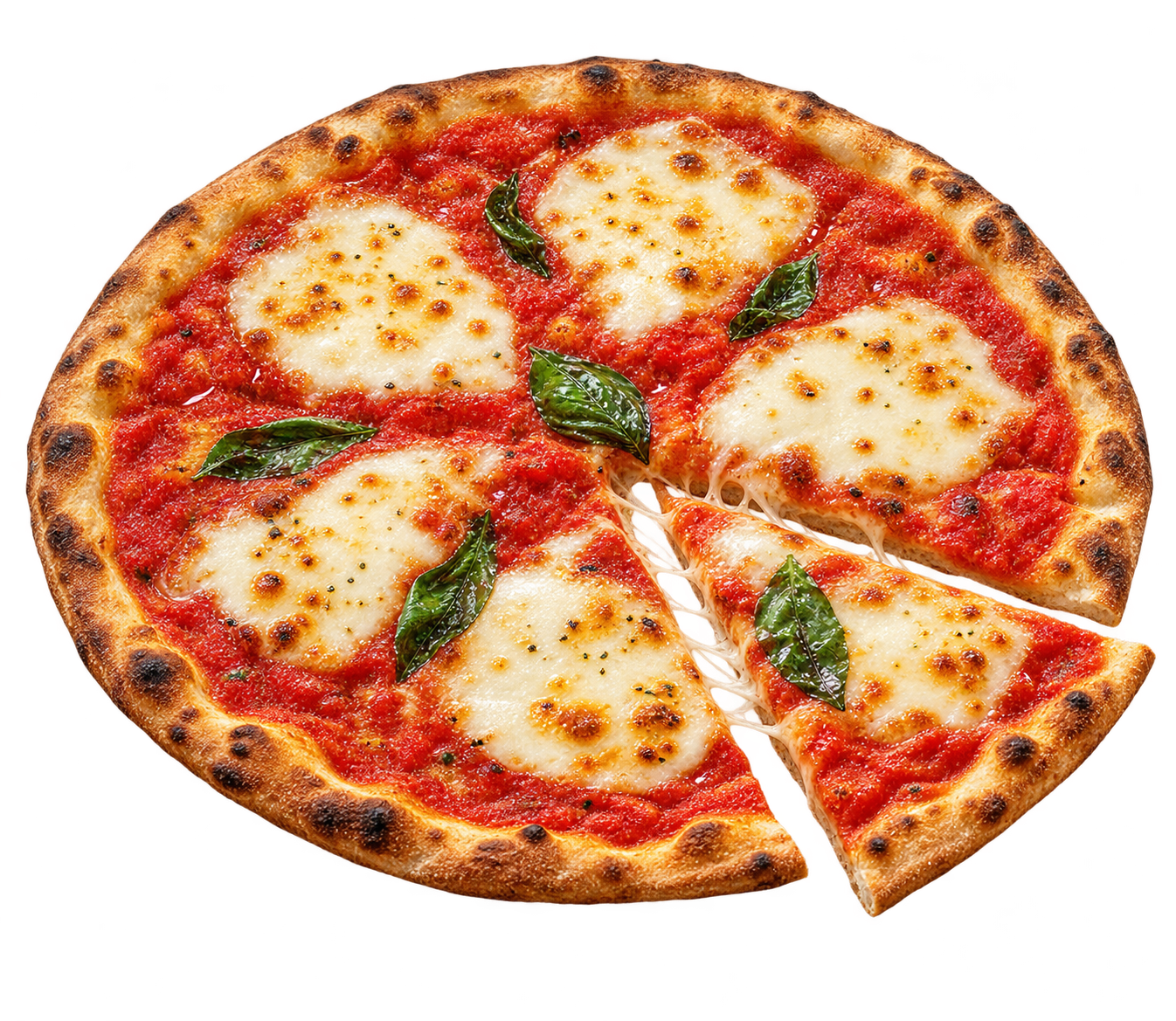 A margherita pizza with golden crust, melted mozzarella and basil